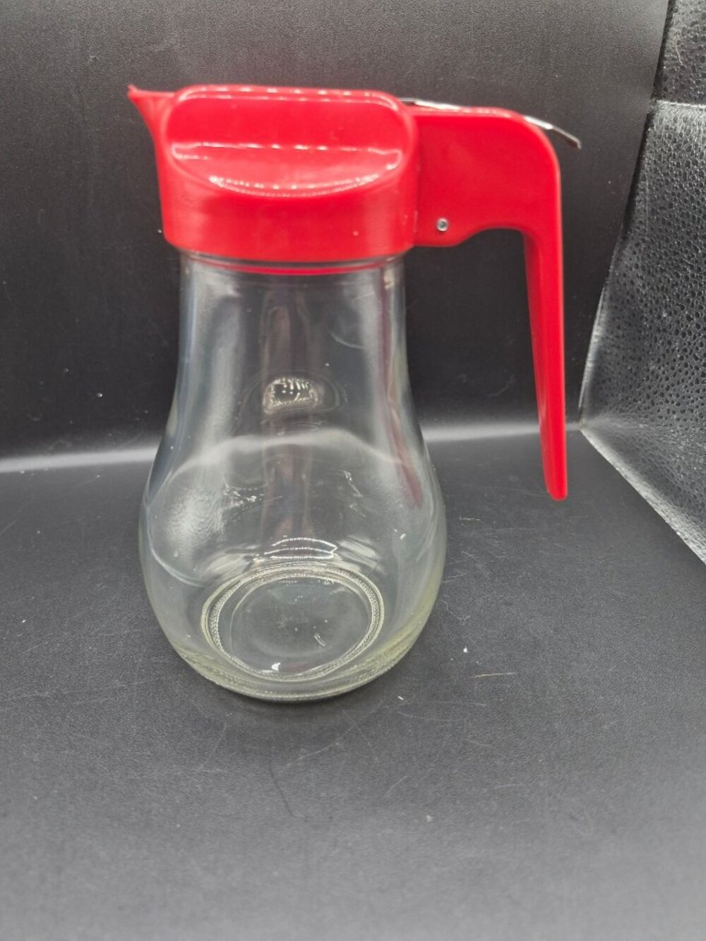 Glass Syrup Dispenser With Red Plastic Lid & Metal Lever Handle For Easy Pouring